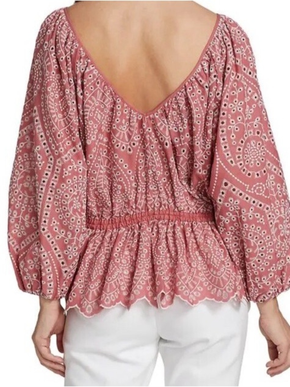 NWT Elie Tahari Eyelet Embroidered Peplum Blouse Mauve Size Medium